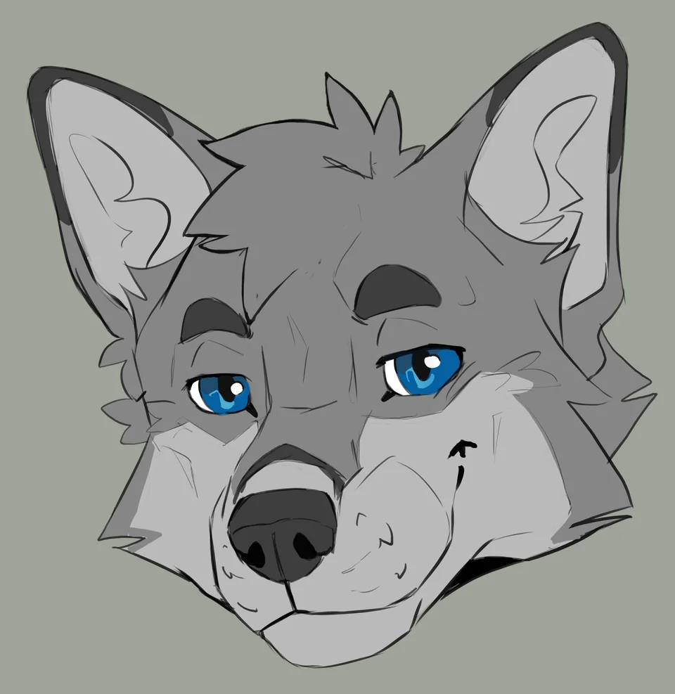 Hunter, a gray wolf with blue eyes, dark eyebrows and a tuft of fur on his head, smirking.