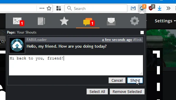 FABUI's popup open under its toolbar button: tabs for submissions, journals, favorites, comments and notes with red counts, and a shout being answered from the comments tab.
